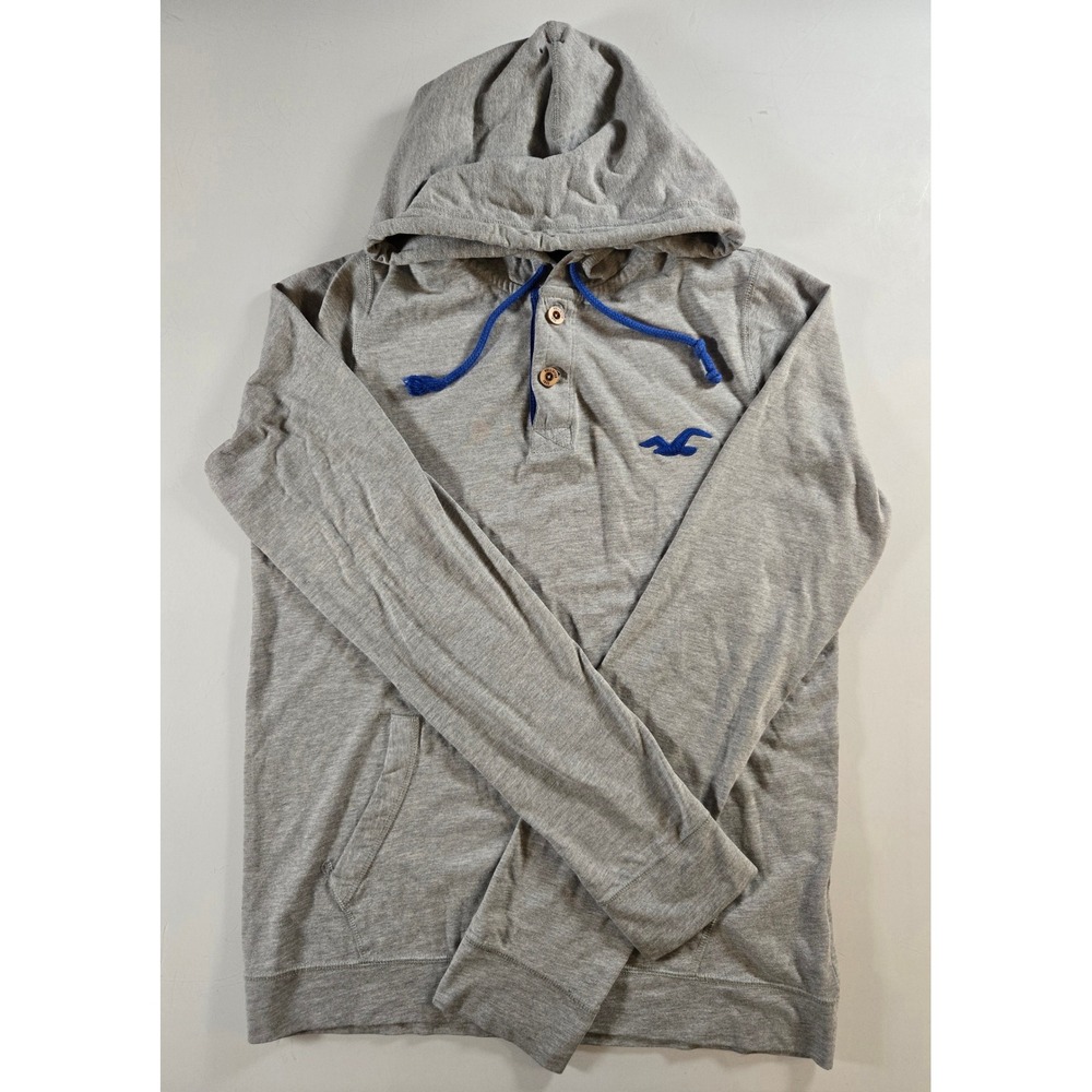 Hollister Mens L Grey Henley Hoodie Long Sleeve Pullover Blue Logo
